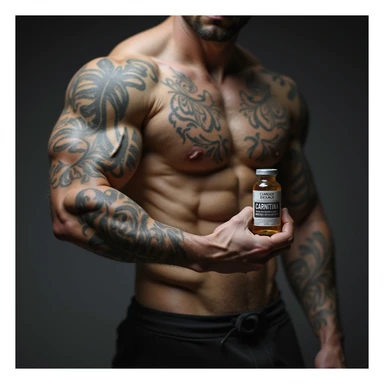 bodybuilder with tattoos, hyperrealistic, holding a vial labeled 'CARNITINA' in hand, 4k quality sticker