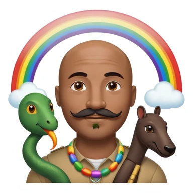 Oxumarê as a happy 37-year-old bald man with very dark skin tone, smooth oval head, indigenous facial features, mustache with circular beard only on chin (no hair on sides), a round mole on the right side below the lip, accompanied by a rainbow serpent, Memoji style sticker
