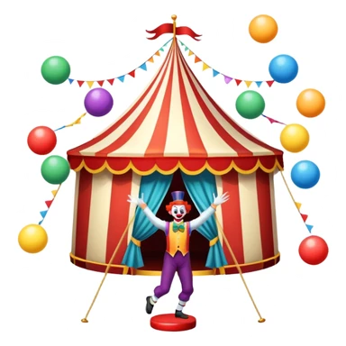 Icon for Circus Arts: a circus tent with a performer juggling colorful balls, a unicyclist, and a clown. The icon should convey the excitement and fun of circus performances, with emphasis on skill, acrobatics, and entertainment. Transparent background. sticker