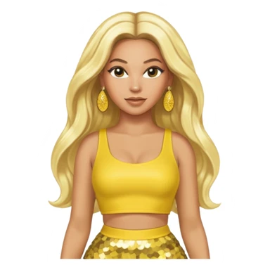 Beyonce with long platinum blonde hair, yellow sequin crop top yellow sequin skirt, gold earring sticker