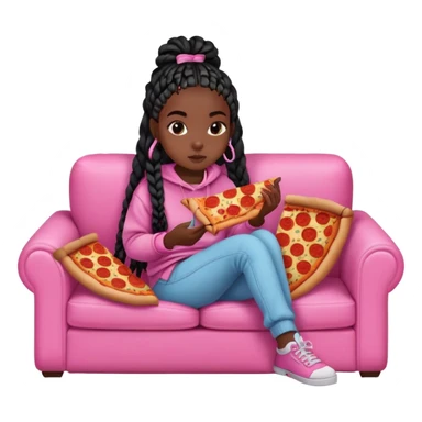 A dark skinned black girl with black box braids eating pizza, on a pink couch in comfy outfit sticker