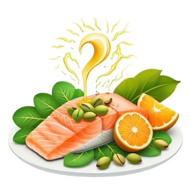 Banana, spinach, salmon fillet, sliced kiwi, pistachios, and a glass of orange juice emitting electrical sparks that flow toward a heart and nervous system. The electrical currents highlight the role these potassium-rich foods play in maintaining heart rhythm and muscle function. sticker