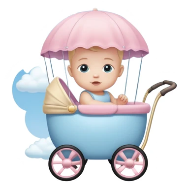 baby sitting in pink and beige stroller with pastel blue clouds around it sticker