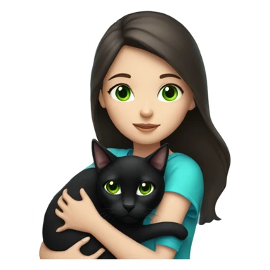 A brunette girl with green eyes holds a black cat with blue eyes in her arms sticker
