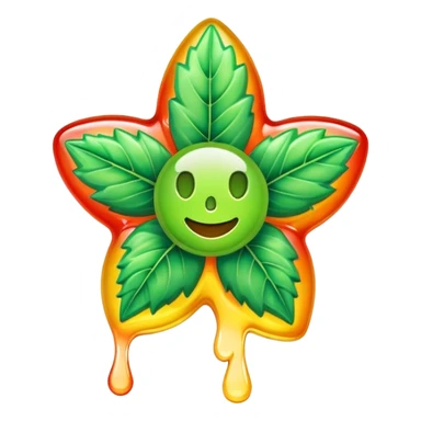 generate an emoji-style image of a juicy gummy shaped like a marijuana flower, make it colorful and with liquid dripping out sticker