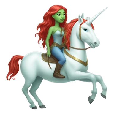 [(a light green Amazon alien woman with red hair with blue eyes) on a (four-legged white unicorn)] sticker