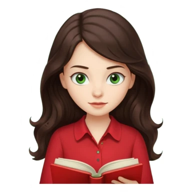 Long wavy dark brown haired, white skinned, dark green eyed girl in red blouse reading a book sticker