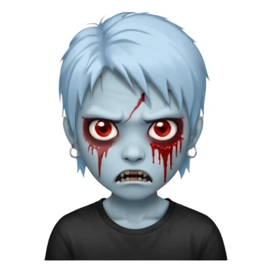 3D emoji-style avatar with very pale blue-grey zombie skin , a young Asian face, and large eyes with blood tears. Give it white litle bit messy mullet hair style , silver hoop earrings, and a plain black T-shirt. The face expression should be slightly angry, with vampire fang sticker