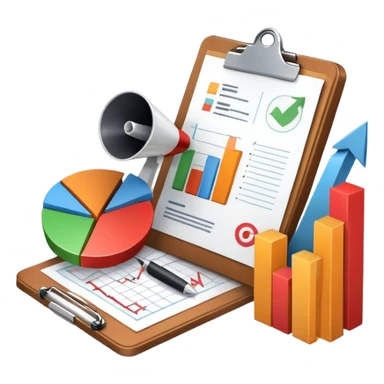 An icon featuring a pie chart, a clipboard with a checklist, and a megaphone, symbolizing management and marketing. The design includes upward-trending graphs and a target with an arrow, representing strategy and success. Transparent background highlights business organization and promotion. sticker