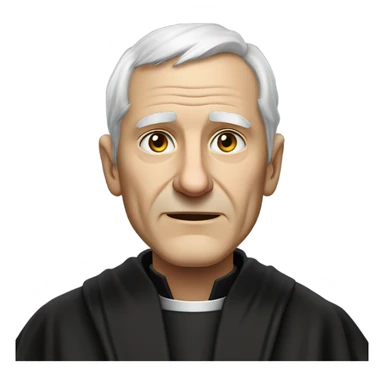 "An older man with thinning white hair, a weathered face, and a solemn expression. He wears a black robe with a clerical collar and holds a Bible or rosary, standing in a modest church." sticker