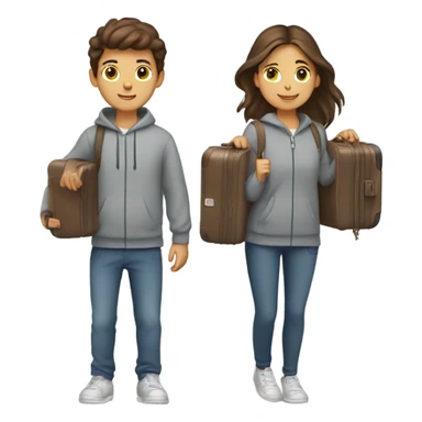 brown hair boy and girl holding suitcases while wearing grey sweat sets sticker