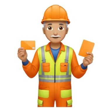 older engineer hi-vis orange overalls full body holding a card sticker