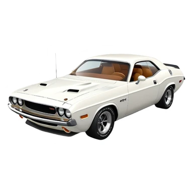 Precisely proportioned white 1971 Dodge Challenger, consistent 30-degree angle showing correct perspective of front and side, authentic muscle car structure, completely white exterior, iOS emoji style sticker
