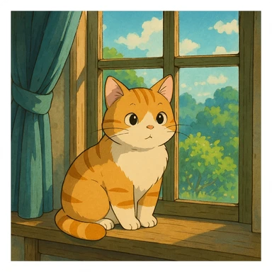 cute cat sitting on a windowsill, ghibli style sticker