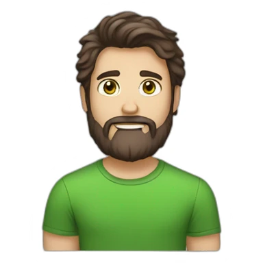 one white guy with dark brown longhair greeneye beard blacktshirt thumbup sticker