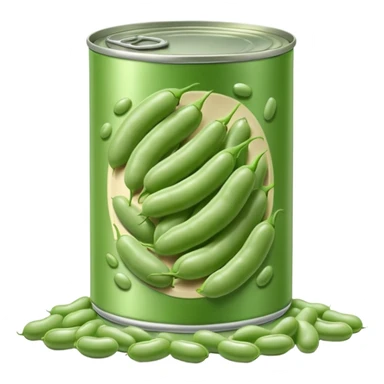 open metal can with pale green oval beans in clear liquid, no label or extras, soft lighting, subtle shadows, emoji scale sticker