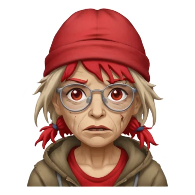 very dirty looking homeless woman with ripped red hat with ugly hair and broken glassess sticker