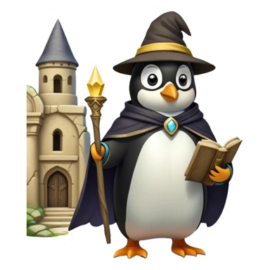 A wizard-explorer penguin wearing a slightly worn enchanted yellow hat and a flowing cape, standing in front of an ancient ruin. The penguin holds a spellbook in one hand and a magical artifact in the other, ready to unlock the secrets of a lost civilization sticker