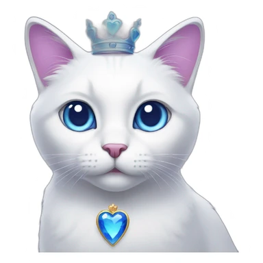white cat with blue eyes, a purple heart and a crown on her head sticker