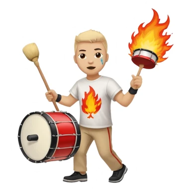 A loud fan, simple tee shirt with paint on his cheeks with a marching drum, beating it with fiery enthusiasm sticker
