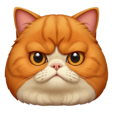 貓咪特徵強調
 
品種/臉型： 以**加菲貓（Garfield cat）或異國短毛貓（Exotic Shorthair）**為原型。
面部特徵： 強調扁臉（Flat face）、極度厭世的表情（Extremely grumpy/grumpy/displeased expression）、深深的皺眉（Deeply furrowed brow）、以及大眼睛（Large eyes）。
毛髮： 擁有雙層、蓬鬆的長毛（Double-coated, fluffy long fur）。 sticker