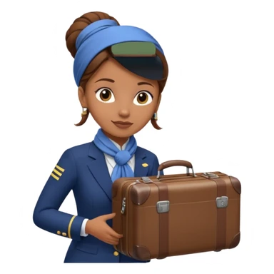 flight attendant, Light Brown skin, brown hair in single bun, neck scarf, suitcase sticker