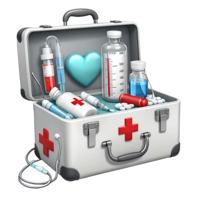 An icon featuring a medical suitcase with a red cross, a bottle of pills, a stethoscope, and a syringe, symbolizing medicine. The design includes a thermometer, bandages, and a heart monitor, representing healthcare and medical treatment. Transparent background highlights the science of healing. sticker