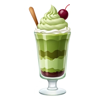 Japanese matcha parfait in a glass, with layers of green tea ice cream, and whipped cream sticker