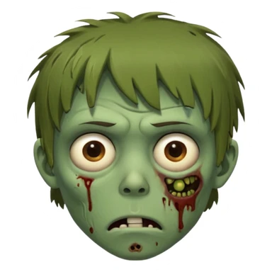 zombie slim youthful face, messy brown fringe, muted green skin tone, tired heavy-lidded eyes with visible under-eye darkness, a neutral slightly bored expression, and an overall low-energy, sleep-deprived, mentally fried vibe, sticker