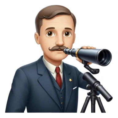 Astronomer Edwin Hubble with mustache, wearing a suit, looking through a telescope with stars in the background sticker