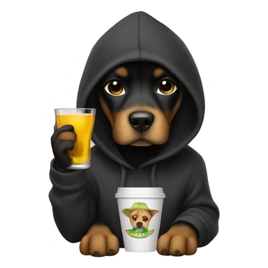 Dog wearing a black hoodie holding a cup and a tequila bottle sticker