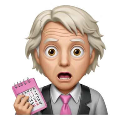 Doc Brown, in Back to the Future, looking shocked, mouth wide open, with a shocked expression. Without glasses. Wearing a silver dress with black trim, a pink collared shirt and a white tie, holding a calendar. sticker