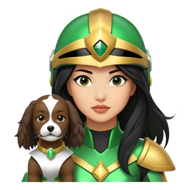 female green power ranger with wasian features, long black hair flowing from helmet, cockapoo dog at her side sticker