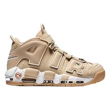 Two beige Nike Air More Uptempo sneakers arranged with one positioned behind the other, simple clean design with minimal details but distinct AIR lettering sticker