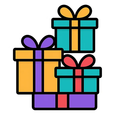 Create a stack of colorful gift boxes, each with a different ribbon color, in the clean, lineal color icon style with black outlines as shown in the reference image. sticker
