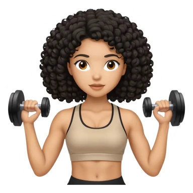 Mixed-race woman with caramel skin, black curly hair, wearing beige activewear, doing light dumbbell curls sticker
