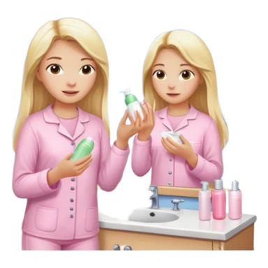 A girl in a light pink pajama is taking care of her skin, doing skincare routines in the bathroom in front of the mirror. Her hair is long, blonde, and straight. sticker