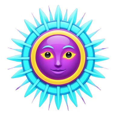 Futuristic glowing sun, neon rays, bright holographic purple and cyan glow, dark background, digital tech style sticker