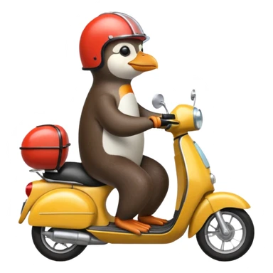Penguin driving moped with otter sticker