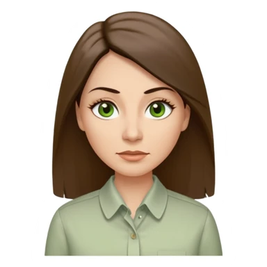 43 year old Adult woman avatar, light skin tone, long, oval face, long straight ashy brown hair, green almond-shaped eyes with dramatic eyelashes and minimal eyeliner, neutral mouth, medium straight eyebrows, average nose, smooth skin,  seersucker collared button down shirt sticker