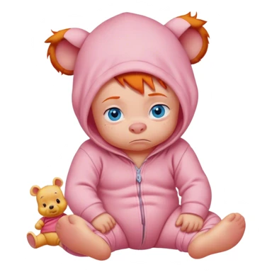 Grumpy ginger baby with blue eyes in onesie with Winnie the Pooh and Piglet on it sticker