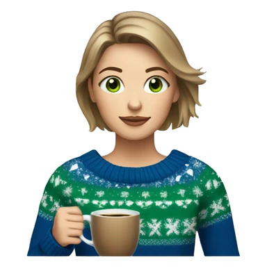Light brown short haired girl with green eyes drinking coffee wearing blue Christmas sweater sticker