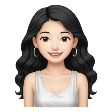 Korean 24-year-old female online shopping mall seller / white face / earrings / smiling expression / long wavy hair / influencer vibe / fashionable / black hair / silver earrings / white dress sticker