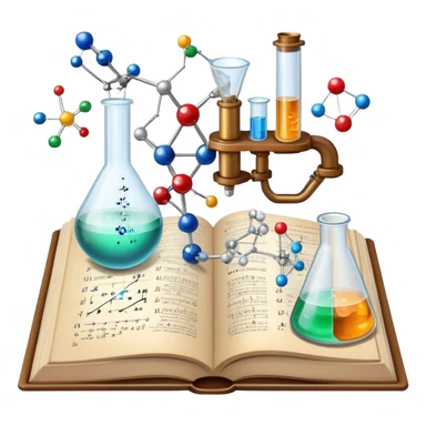 Icon for Scientific and Educational Reading: an open book with mathematical and physical formulas on the pages, with molecules and atoms flying out. On the desk are test tubes, flasks, and a microscope. Transparent background. sticker