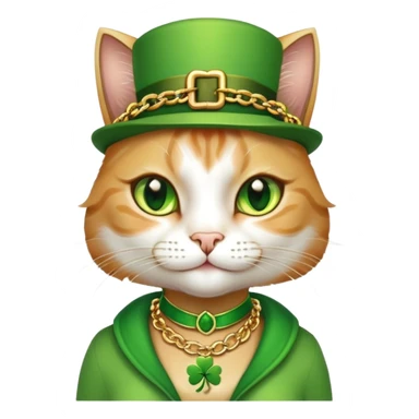 female cat dressed in hip-hop Run DMC style, green outfit, shamrock accessories, gold chains, bling, St. Patrick's Day sticker