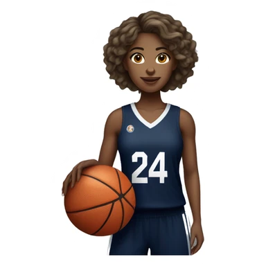  wavy soft hair female wearing navy blue basketball jersey that has the number 24 & holding a basketball sticker