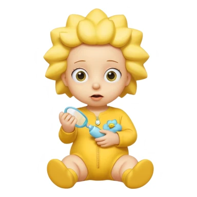 A 3D cartoon baby character yellow, yellow skin, styled like Maggie Simpson, with pacifier, yellow onesie, big eyes, smooth shading, Memoji-style rendering, consistent with other yellow Simpsons characters. sticker
