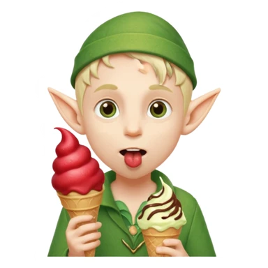
A young elf boy in leafy clothes licking a triple-scoop ice cream with wide eyes.


A tall elegant elf with long braids enjoying a mint swirl cone under soft light.




 sticker
