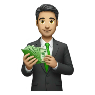 A businessman holding an iPhone with a green screen in one hand and a pack of money in the other hand sticker