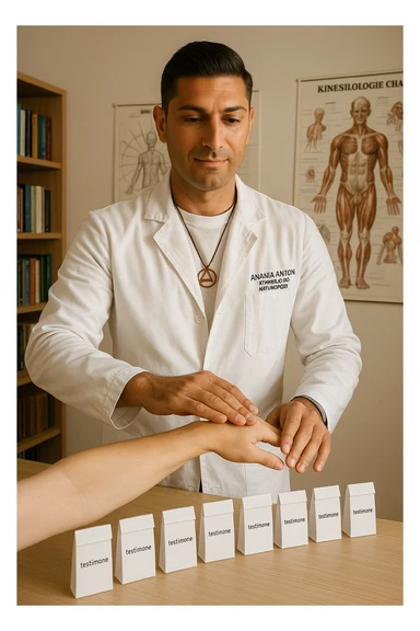 a middle-aged man in a calm, well-lit studio, wearing casual professional attire, performs a classic muscle test on a client’s outstretched arm. On a nearby table, there are small envelopes or vials labeled “testimone” representing samples or objects connected to a distant person. The atmosphere is focused and serene, with books and charts about kinesiological techniques in the background. sticker